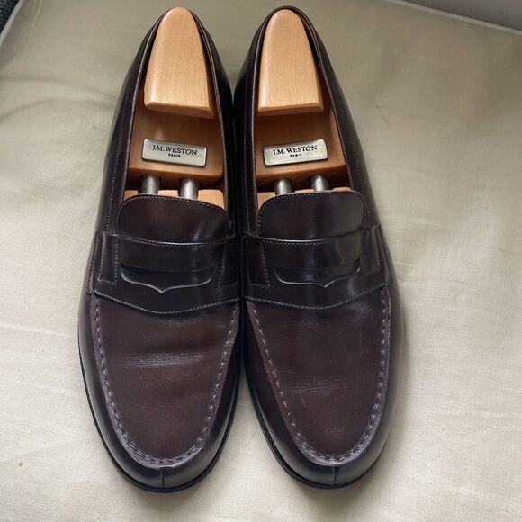 J.M. Weston 180 Loafers Brown Boxcalf Made In France size 8 w/ shoe trees - Picture 1 of 8